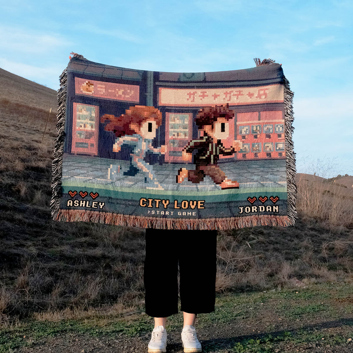 Personalized Retro 8-Bit Gaming Couple Japan Woven Blanket