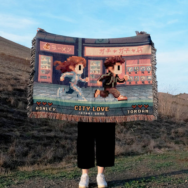 Personalized Retro 8-Bit Gaming Couple Japan Woven Blanket
