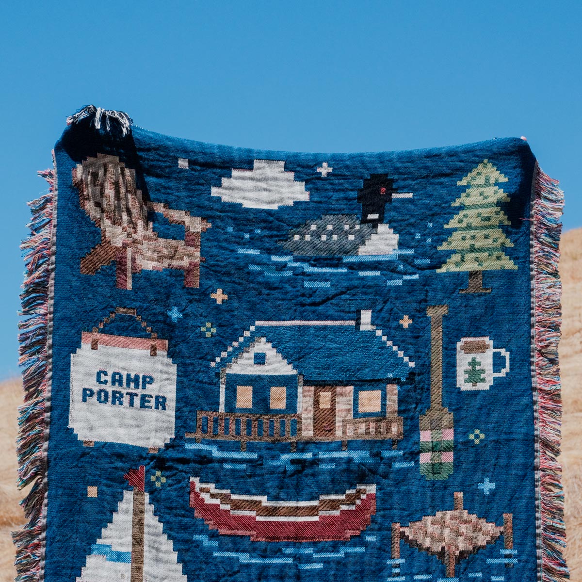 Personalized Pixel 8-Bit Lake House Woven Blanket