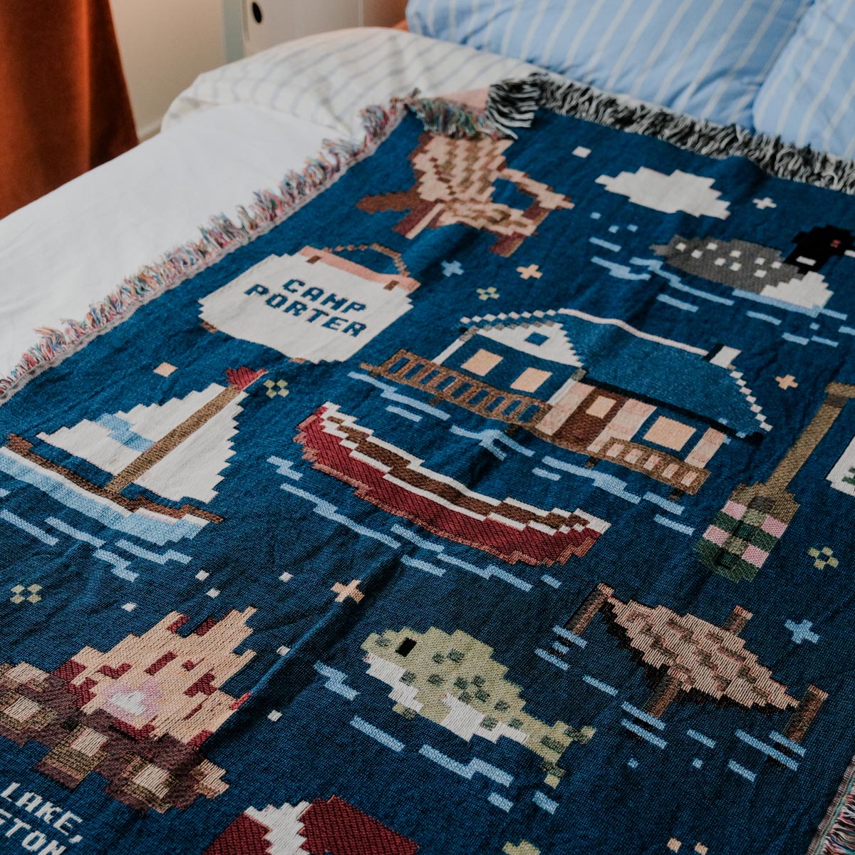 Personalized Pixel 8-Bit Lake House Woven Blanket