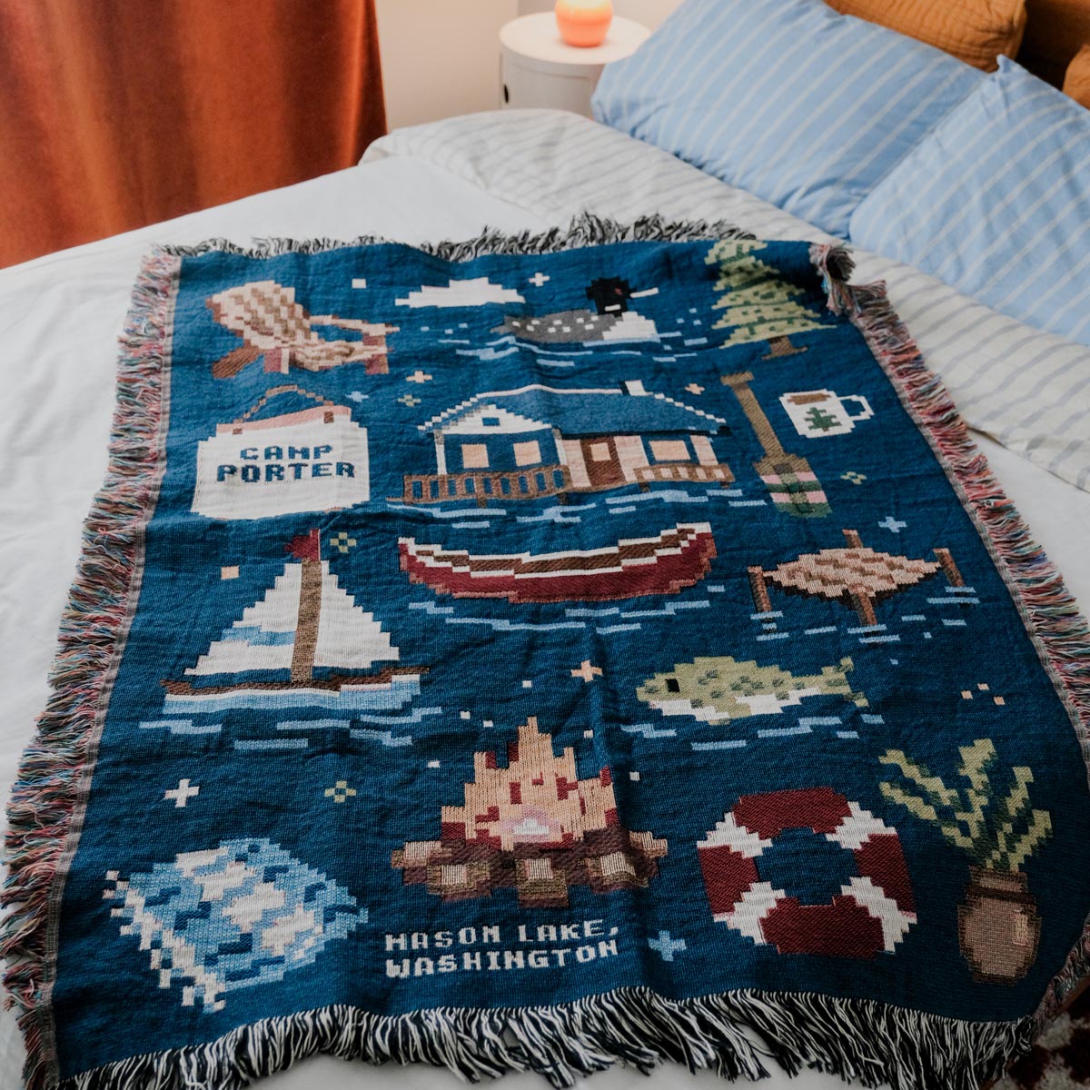 Personalized Pixel 8-Bit Lake House Woven Blanket | Custom Outdoor