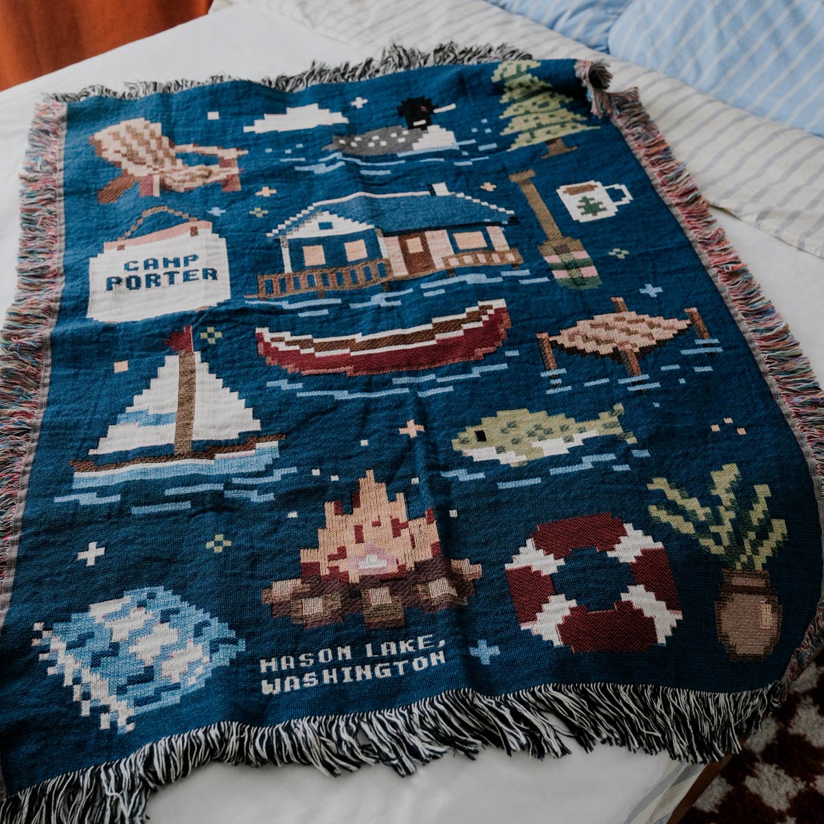 Personalized Pixel 8-Bit Lake House Woven Blanket