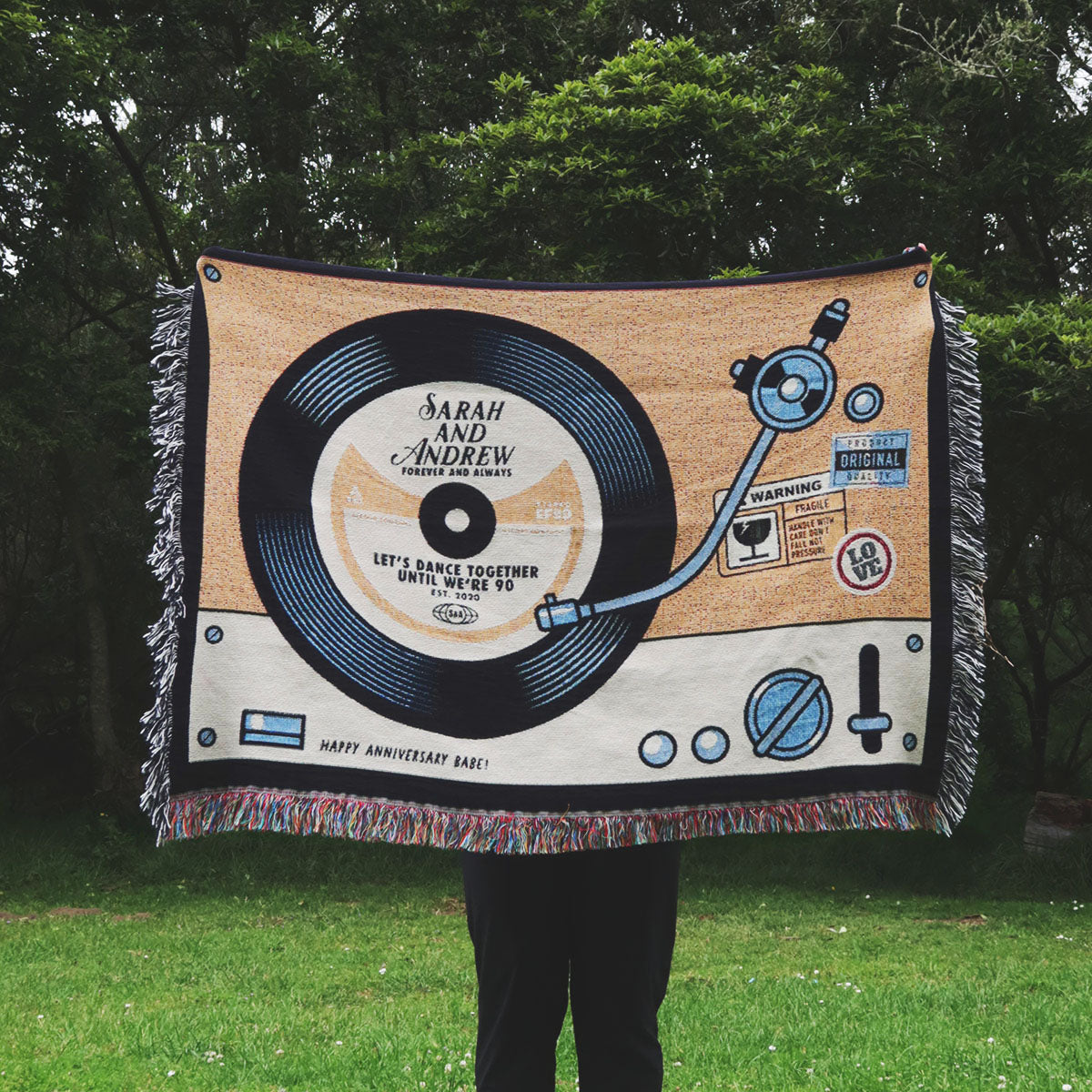 Personalized Record Player Couple Woven Blanket - Relatable Basic