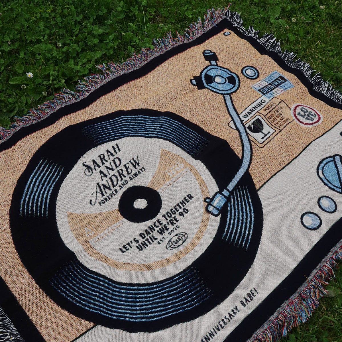 Personalized Record Player Couple Woven Blanket - Relatable Basic
