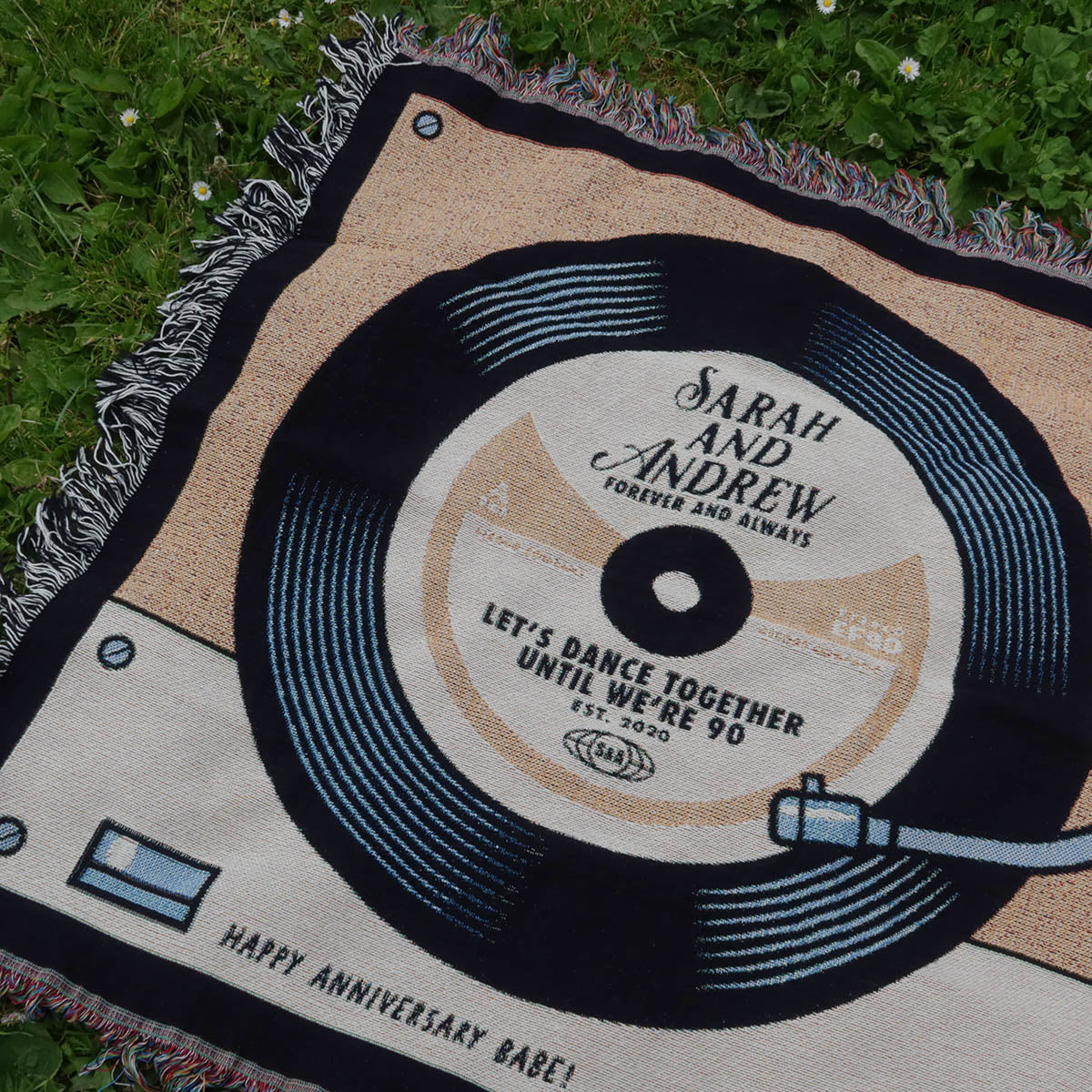 Personalized Record Player Couple Woven Blanket - Relatable Basic