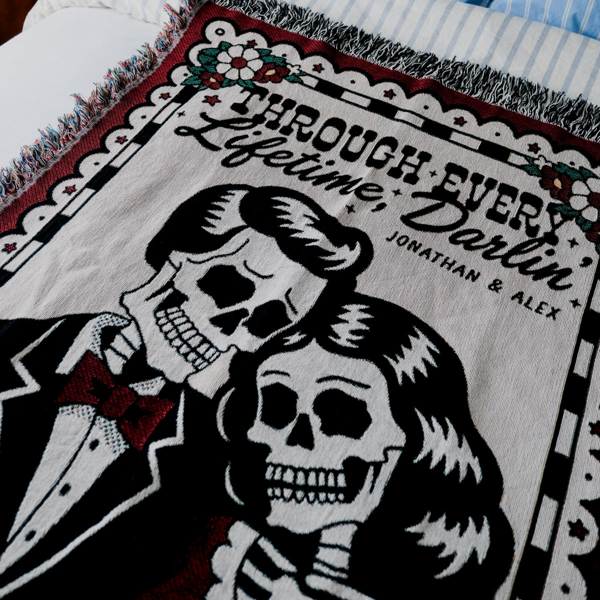 Personalized Retro Skeleton Couple Woven Blanket - Relatable Basic
