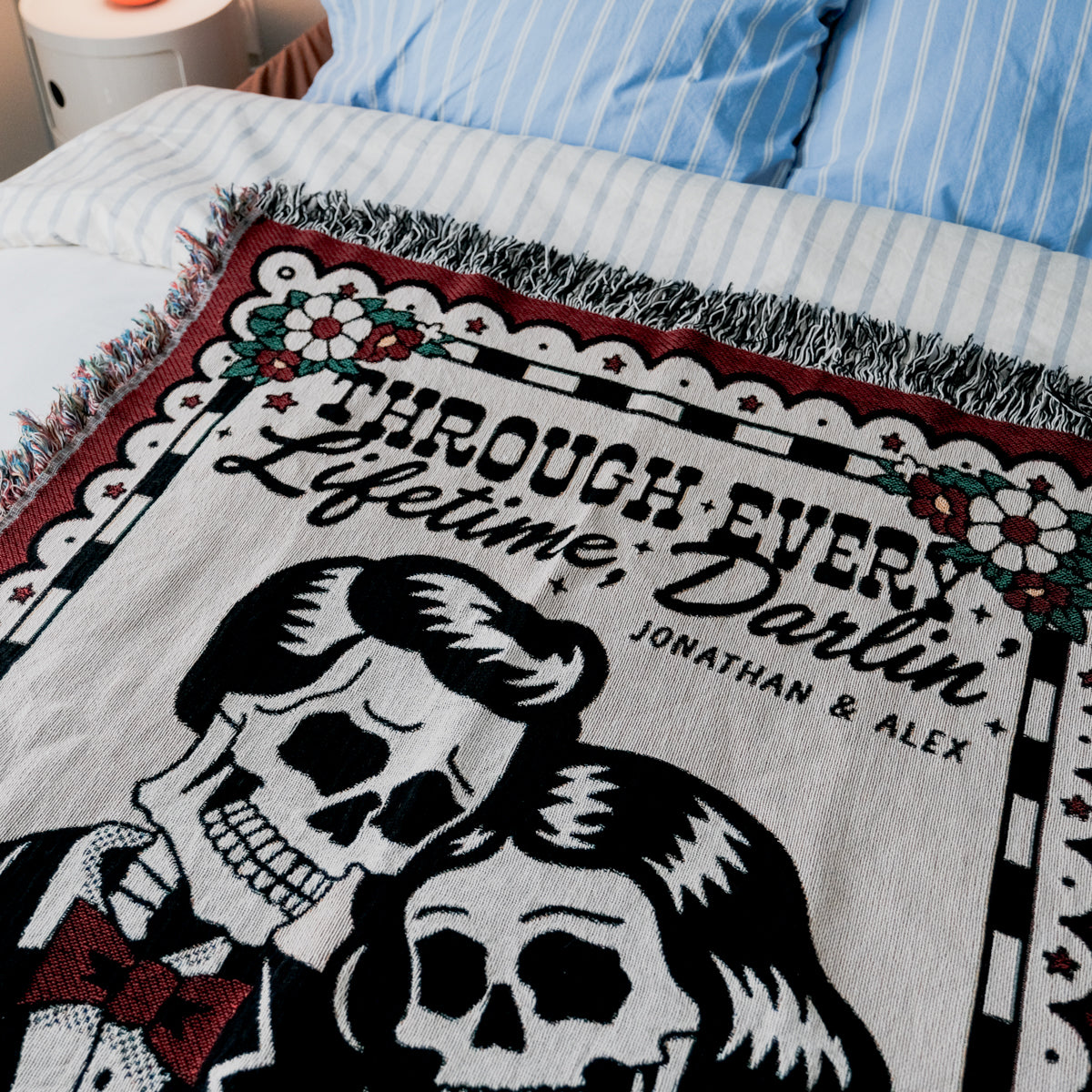 Personalized Retro Skeleton Couple Woven Blanket - Relatable Basic