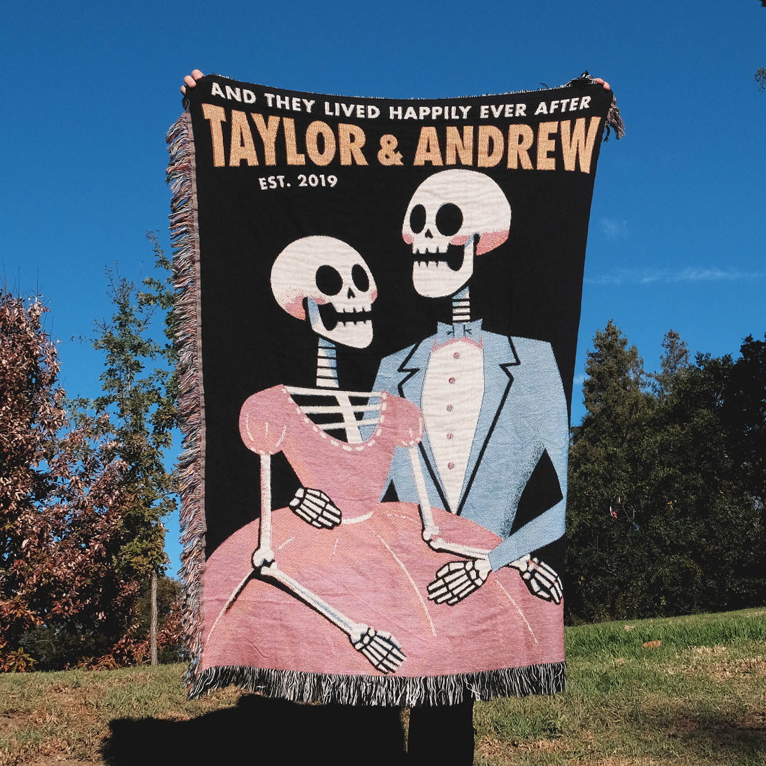 Fancy Skeleton Personalized Couple Woven Blanket - Relatable Basic