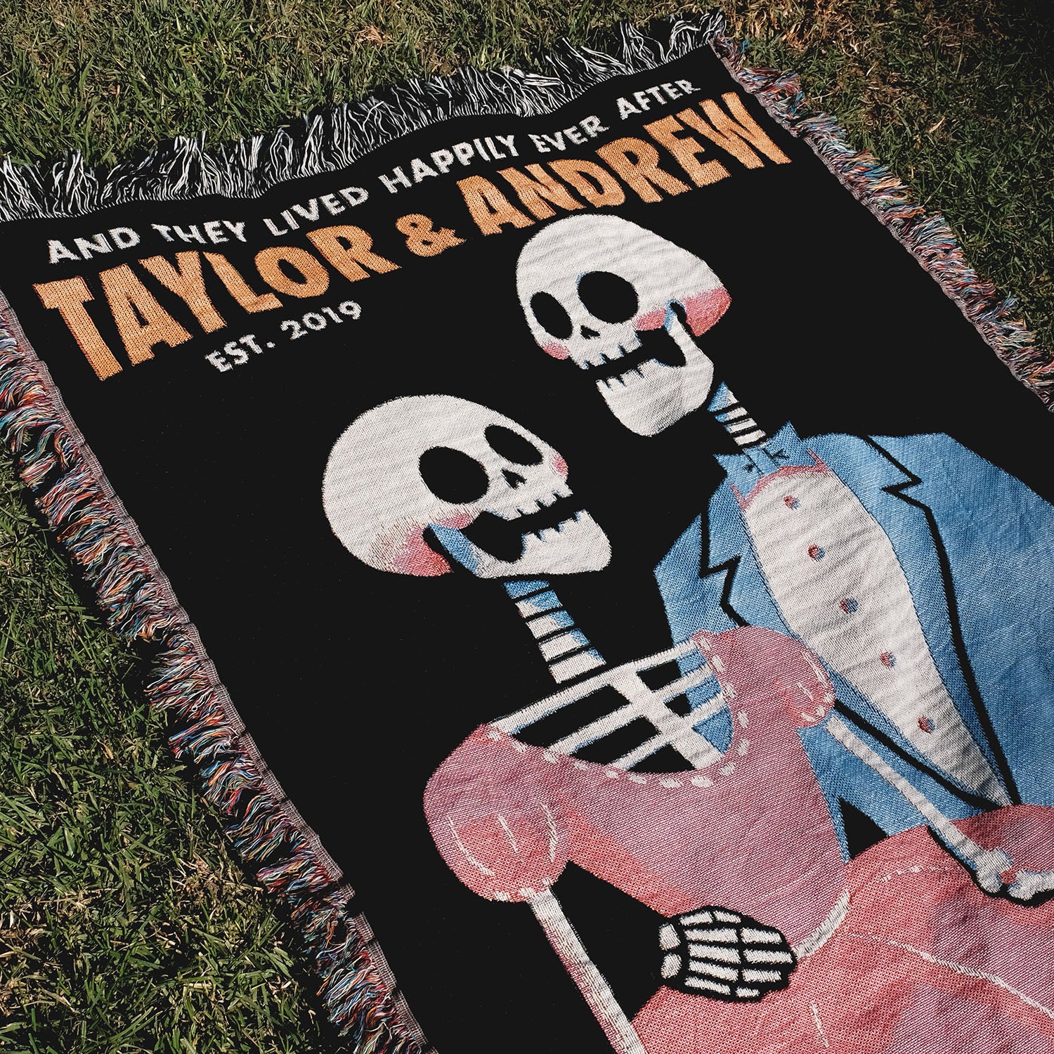 Fancy Skeleton Personalized Couple Woven Blanket - Relatable Basic