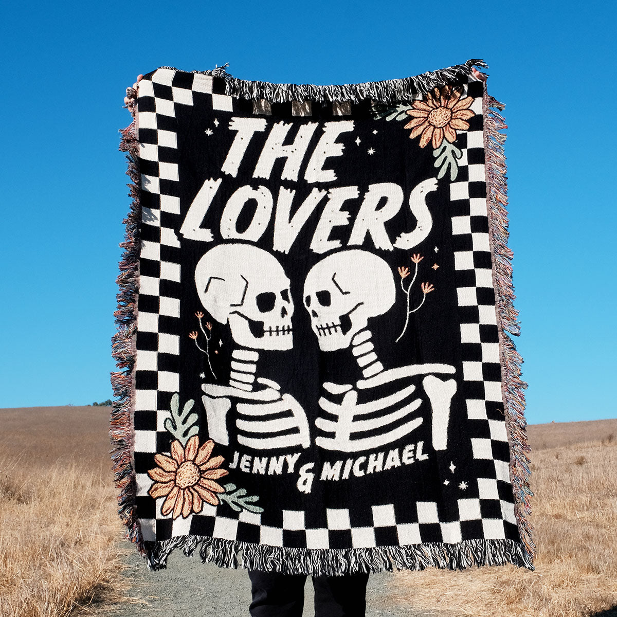 Checkered Skeleton The Lovers Personalized Couple Blanket - Relatable Basic