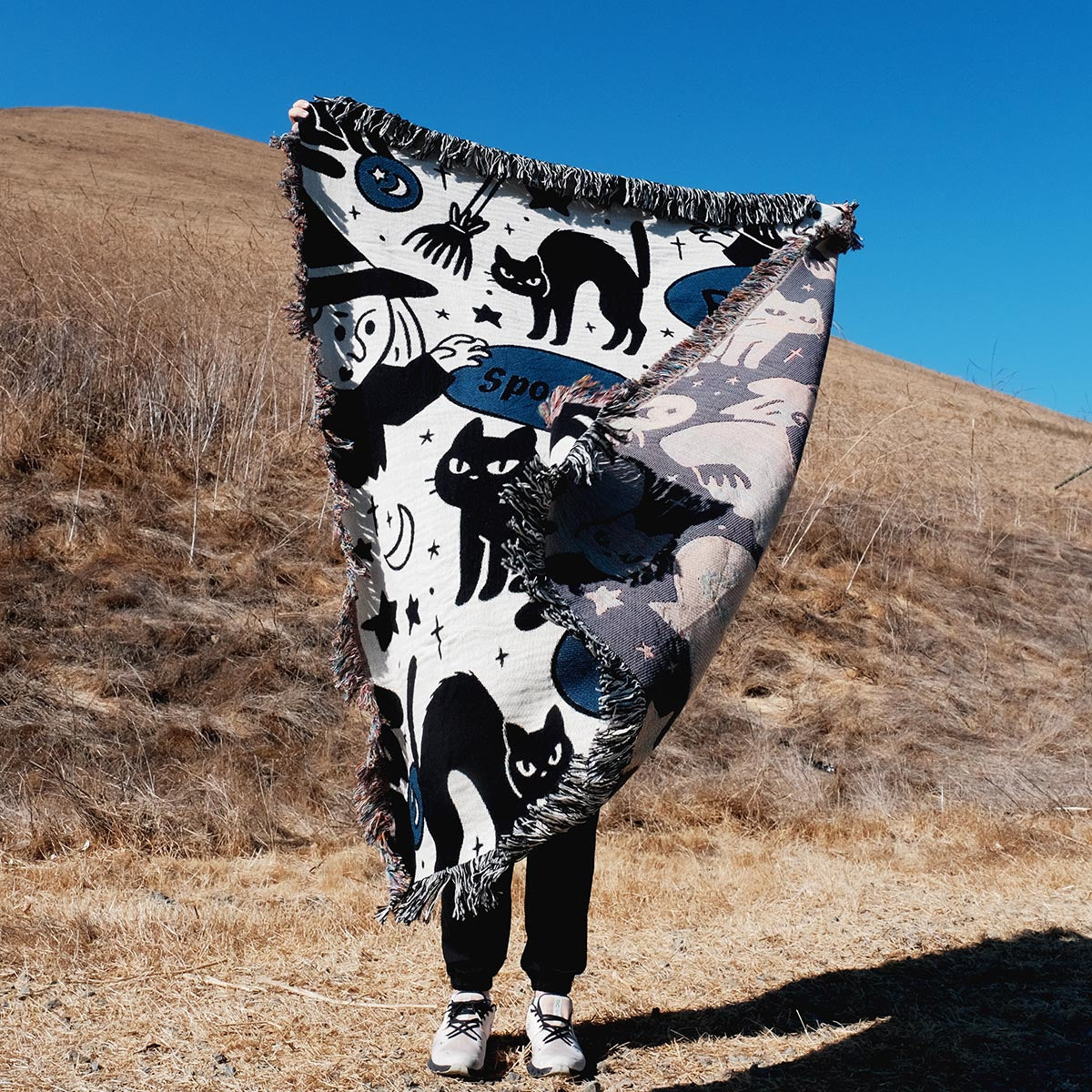 Witch & Black Cat Woven Blanket – Paws Up Monster Duo