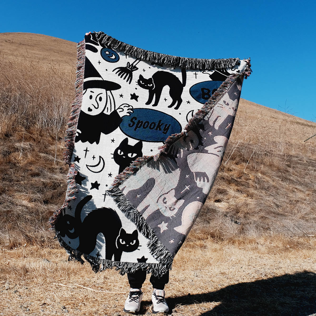 Witch & Black Cat Woven Blanket – Paws Up Monster Duo