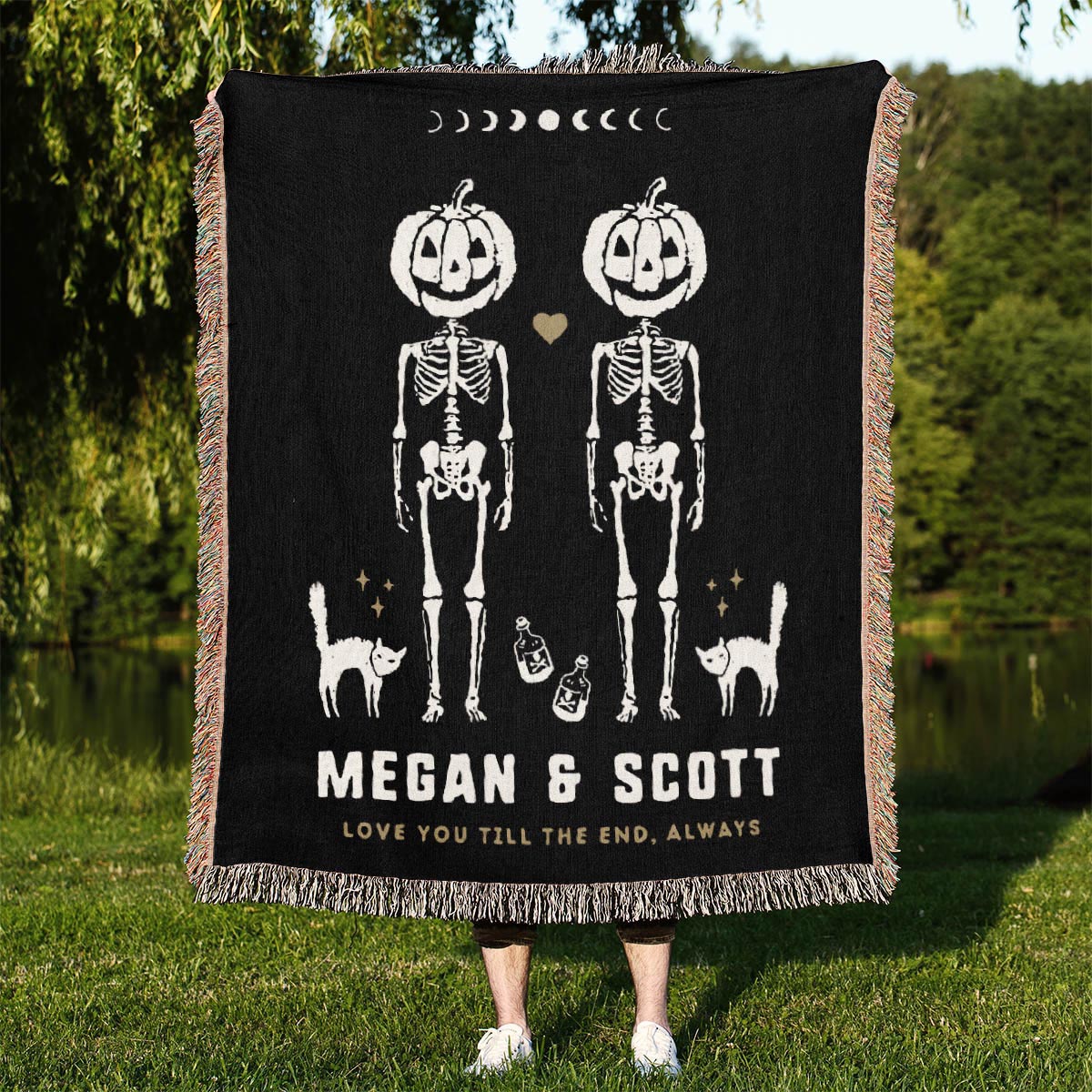 Personalized Pumpkin Skeleton Couple Woven Blanket - Relatable Basic