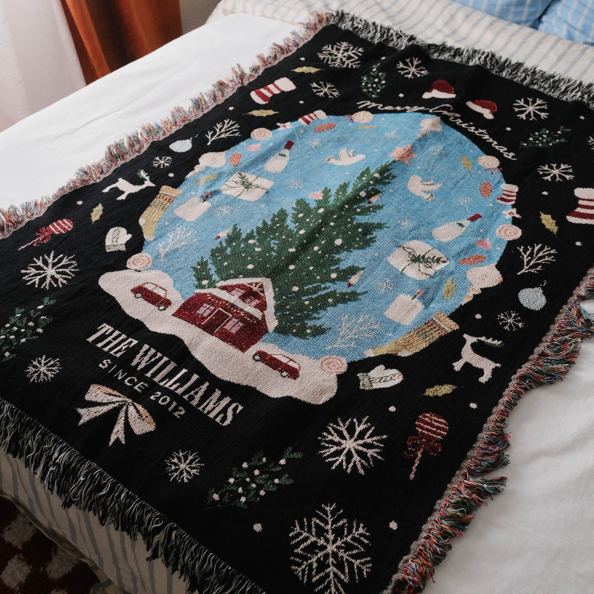 Personalized Family Christmas Snow Globe Woven Blanket