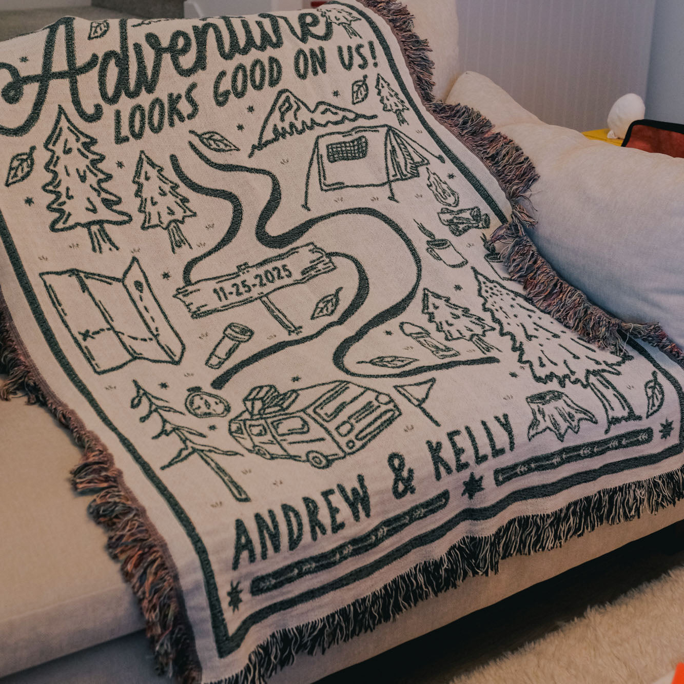 Personalized Couple Camping Woven Blanket - Relatable Basic