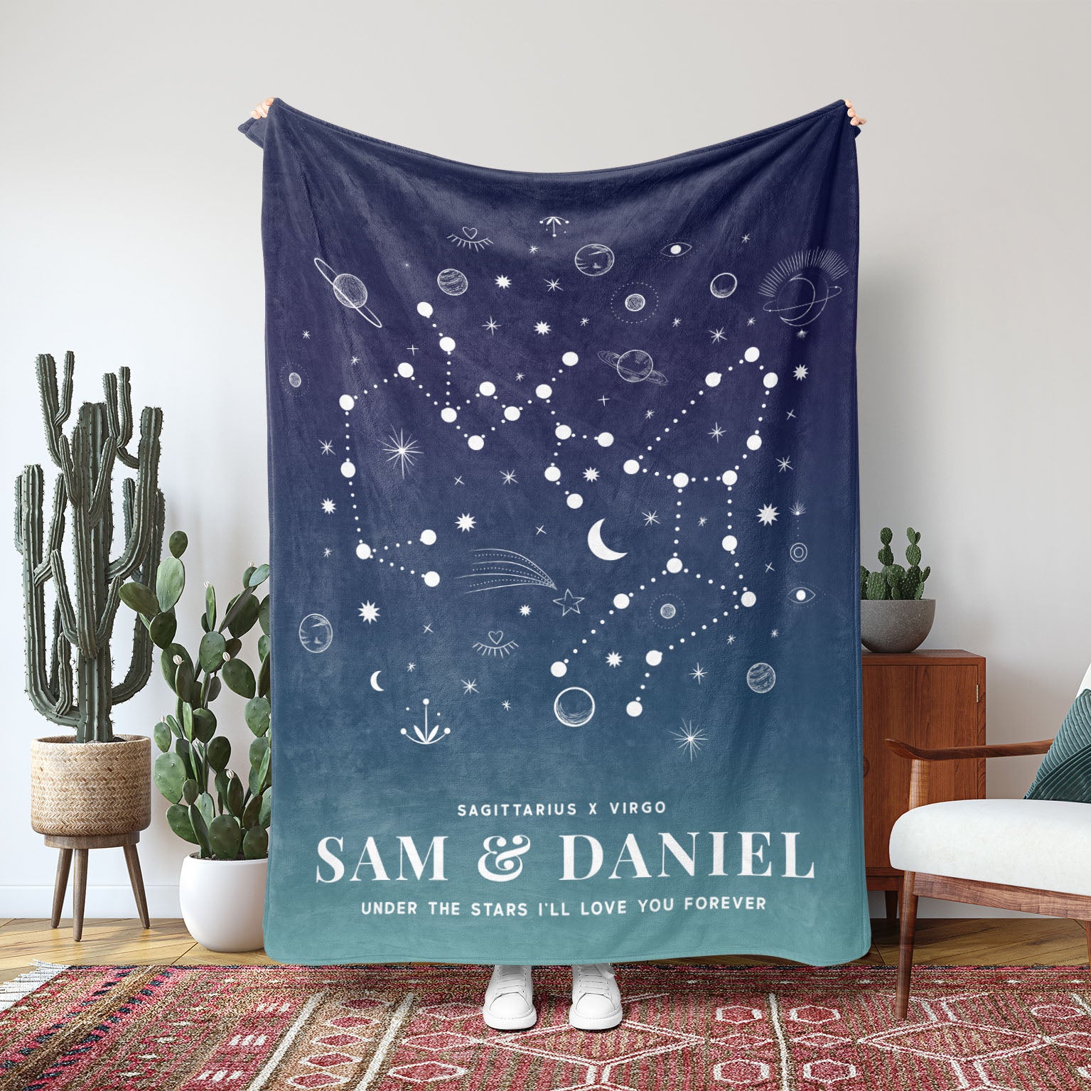Personalized Couple Zodiac (Blue Green Gradient) Fleece Blanket - Fleece - Personalized Gifts for Couples, Custom Birthday Gifts, Custom Anniversary Gifts | Relatable Basic