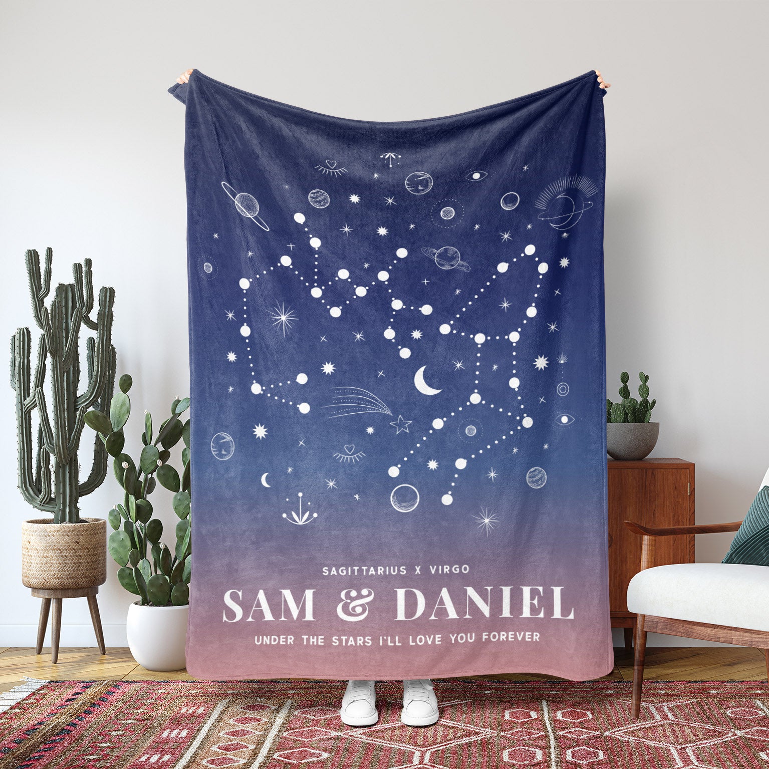 Personalized Couple Zodiac (Blue Pink Gradient) Fleece Blanket - Fleece - Personalized Gifts for Couples, Custom Birthday Gifts, Custom Anniversary Gifts | Relatable Basic