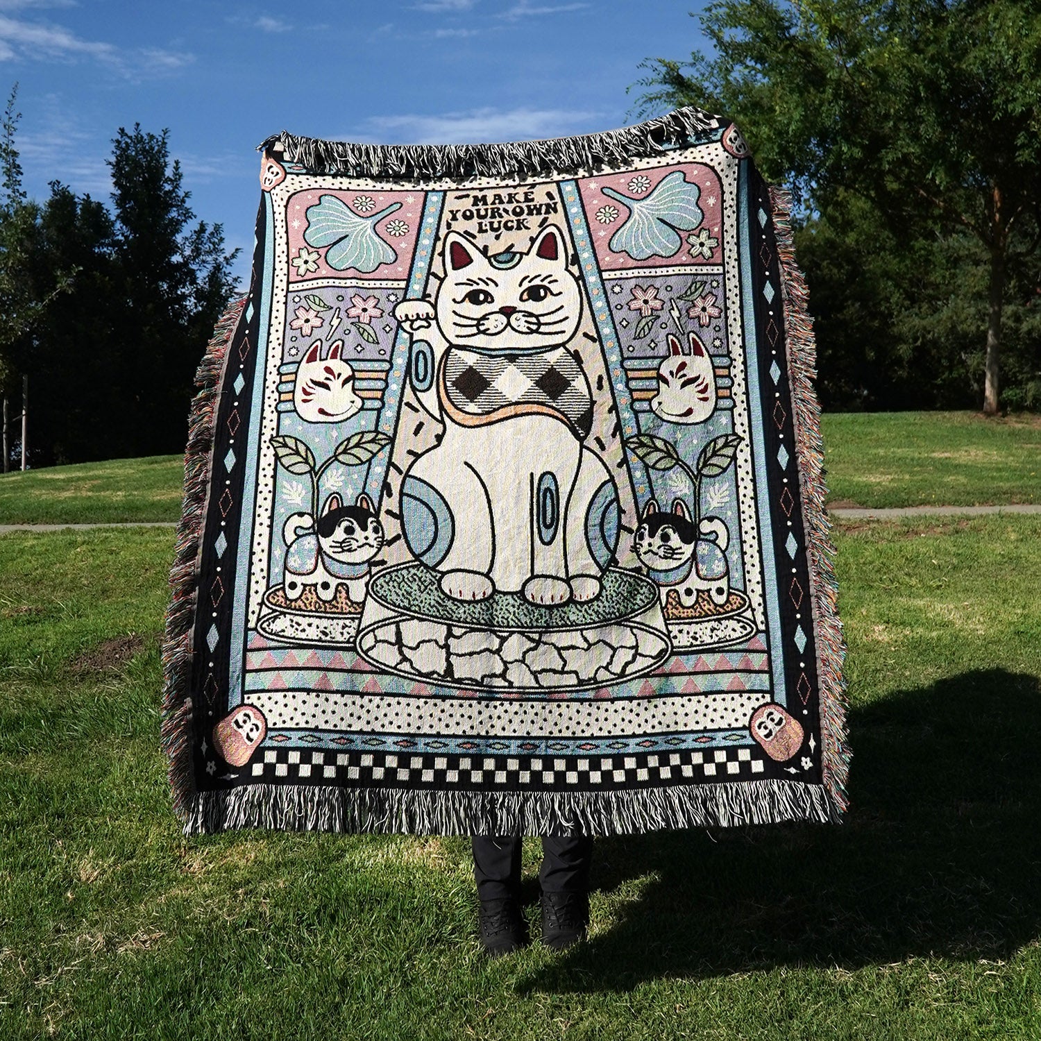 Maneki Neko Fortune Cat Woven Throw Blanket - Woven - Personalized Gifts for Couples, Custom Birthday Gifts, Custom Anniversary Gifts | Relatable Basic