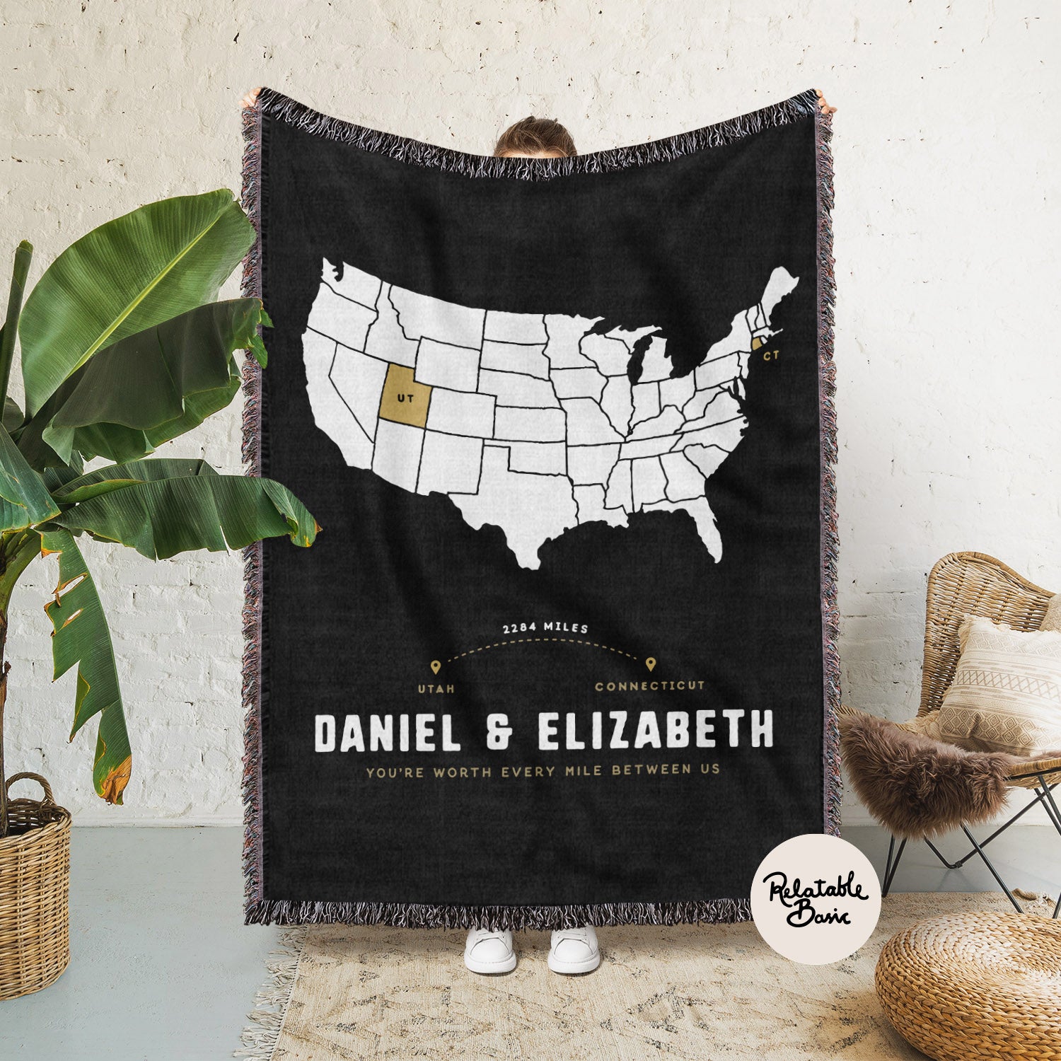 Personalized Long Distance Relationship (U.S only) Woven Blanket for Couple - Woven - Personalized Gifts for Couples, Custom Birthday Gifts, Custom Anniversary Gifts | Relatable Basic