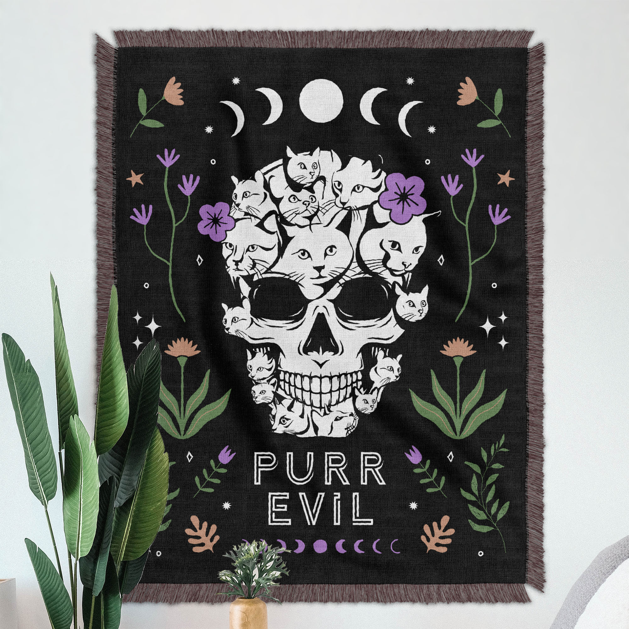 Cat Skull Purr Evil Woven Blanket - Woven - Personalized Gifts for Couples, Custom Birthday Gifts, Custom Anniversary Gifts | Relatable Basic