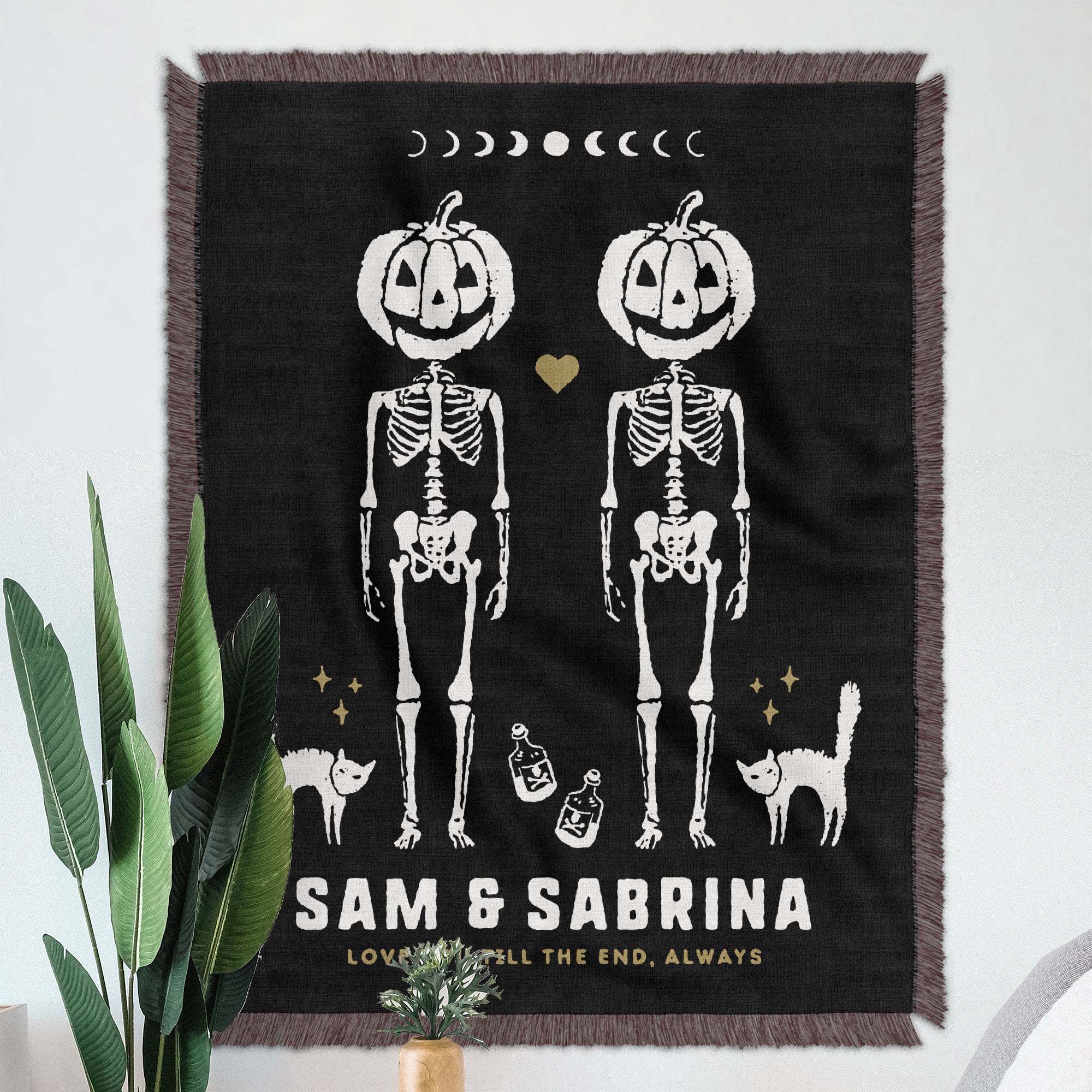 Personalized Pumpkin Skeleton Couple Woven Blanket - Woven - Personalized Gifts for Couples, Custom Birthday Gifts, Custom Anniversary Gifts | Relatable Basic