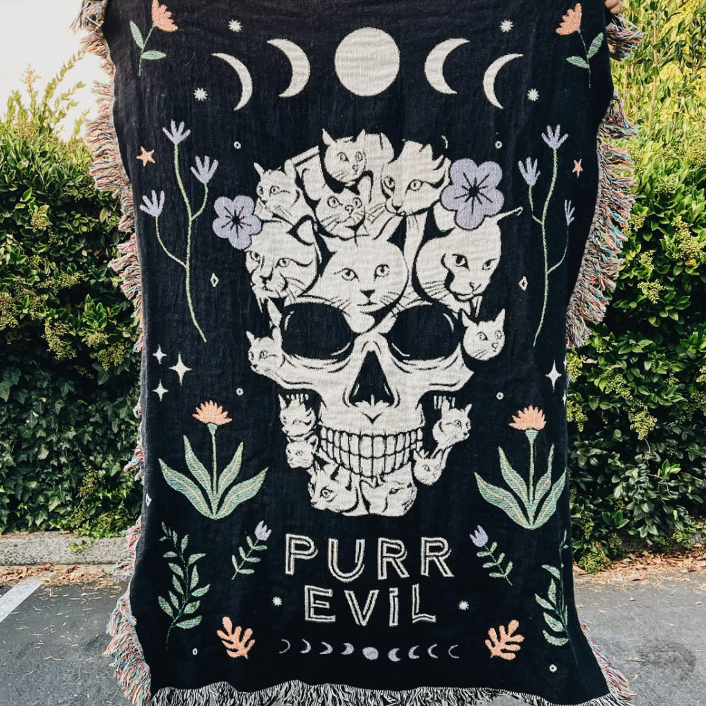 Cat Skull Purr Evil Woven Blanket - Woven - Personalized Gifts for Couples, Custom Birthday Gifts, Custom Anniversary Gifts | Relatable Basic