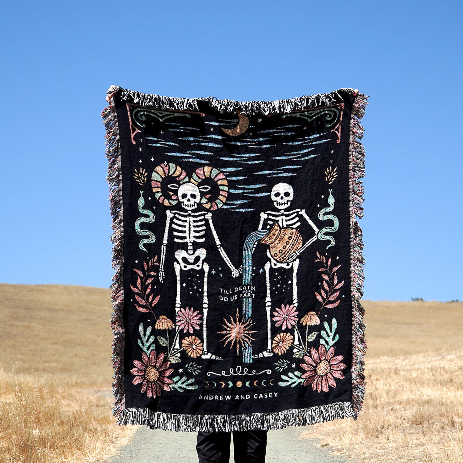 Personalized Zodiac Skeleton Couple Woven Blanket - Relatable Basic