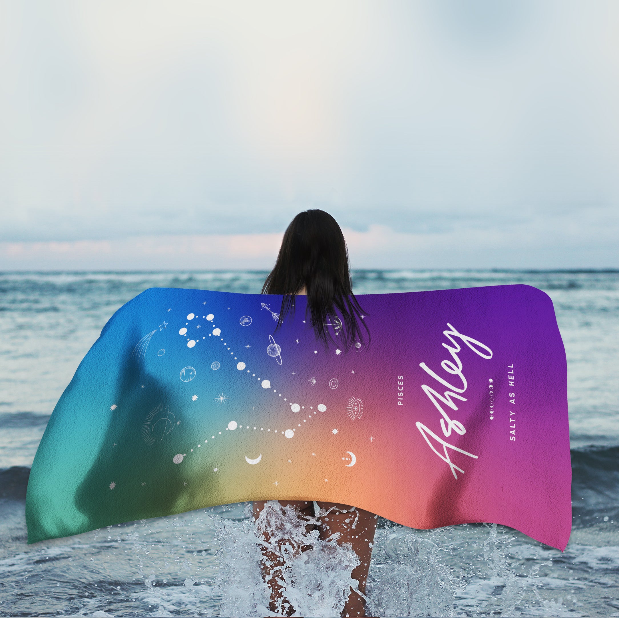 Personalized Zodiac Personalized Towel (Pride Rainbow) - Beach Towel - Personalized Gifts for Couples, Custom Birthday Gifts, Custom Anniversary Gifts | Relatable Basic