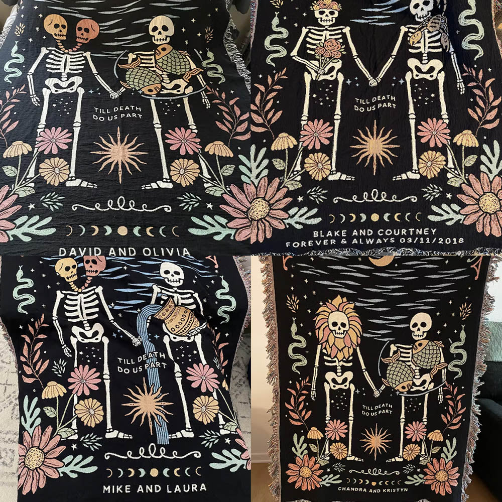 Personalized Zodiac Skeleton Couple Woven Blanket - Relatable Basic