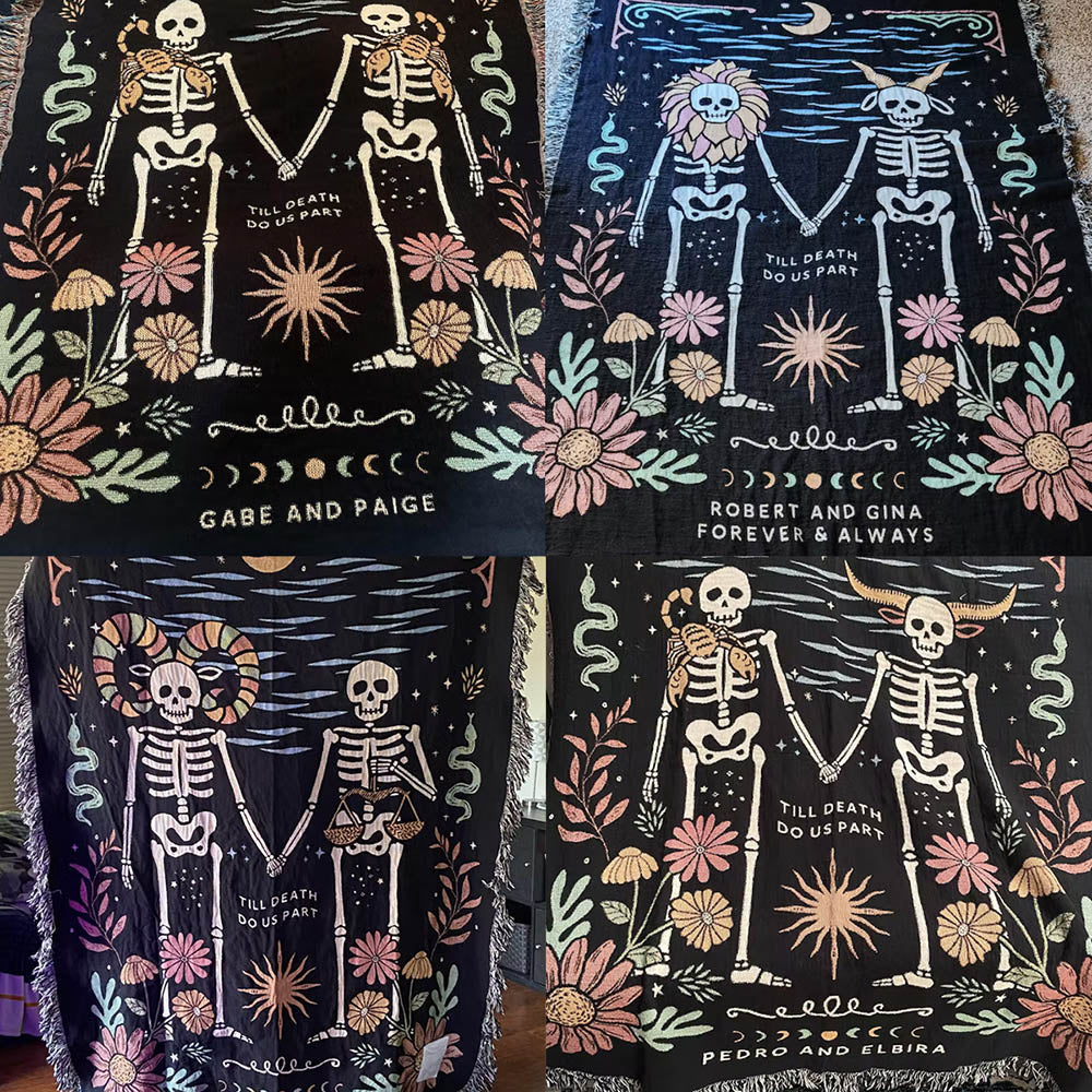Personalized Zodiac Skeleton Couple Woven Blanket - Relatable Basic